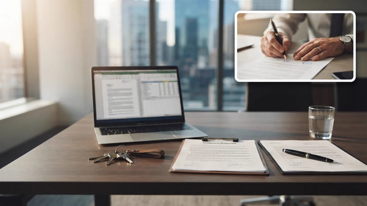 A settlement statement and a set of keys on a conveyancer's desk